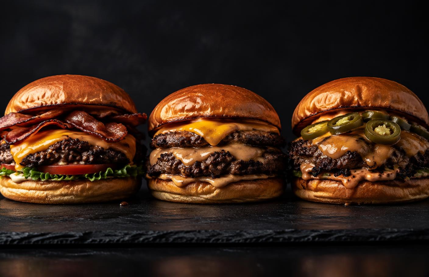 Trzy smash burgery: bekonowy, podwójny serowy i ostry z jalapeño